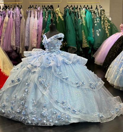 Light Blue Sparkly Off The Shoulder Appliques Prom Dress Quinceanera Dress Sweet 16 Prom Dresses Ball Gowns