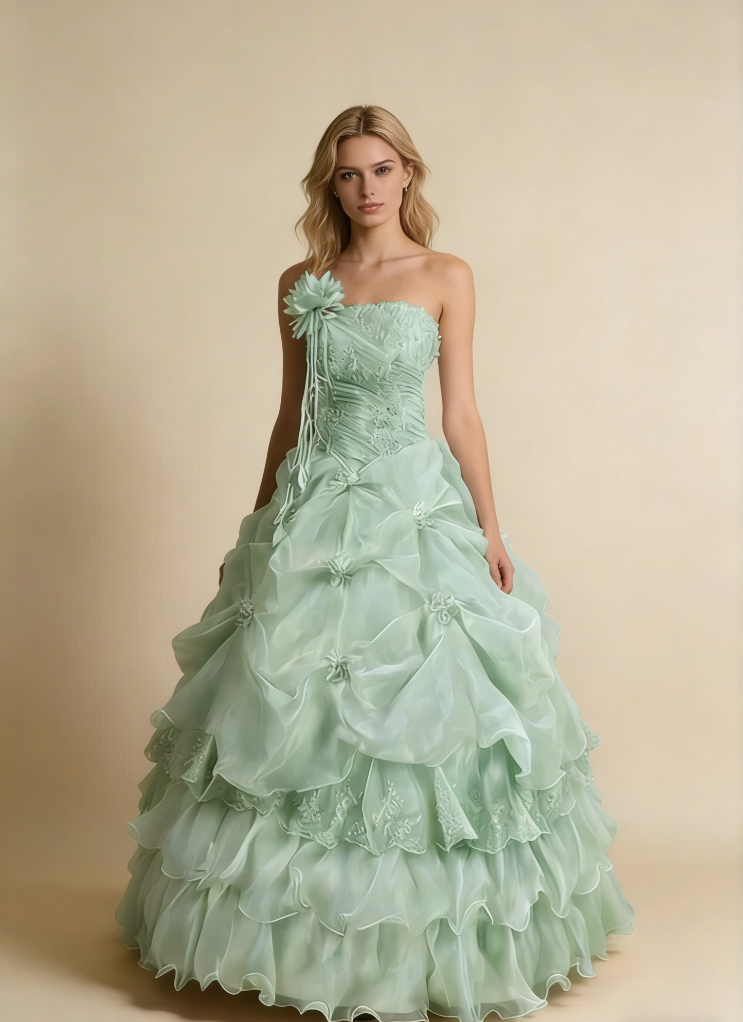 Pretty Prom Dress Strapless Pleated Flower Ball Gown Birthday Party Dress Evening Dress     D4141