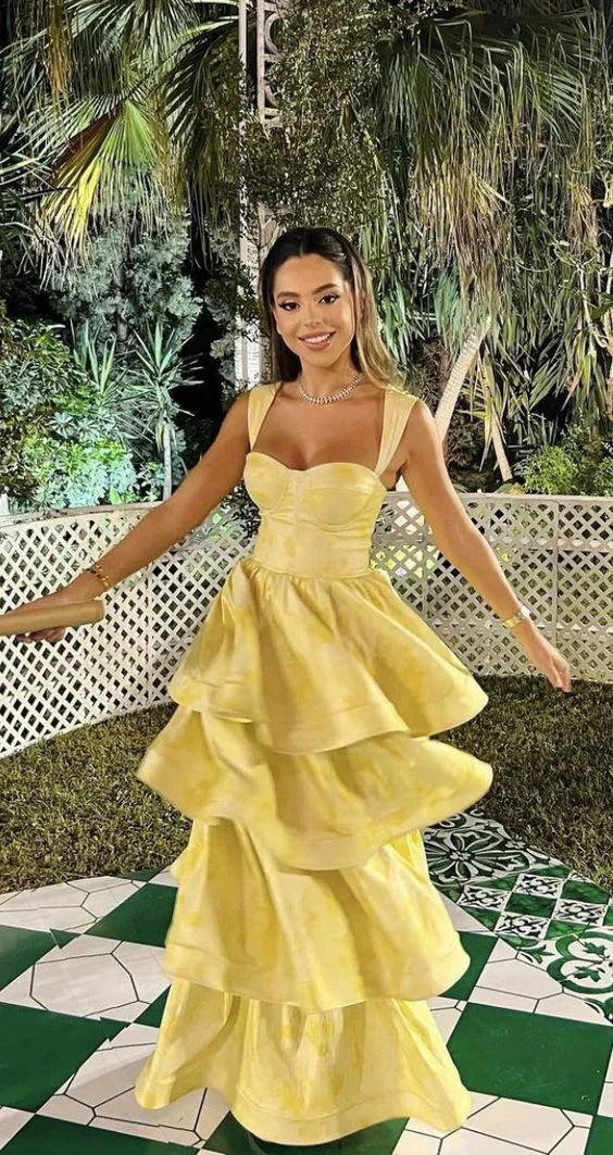 Light Yellow Ruffle Tiered A-Line Long Prom Dresses Prom Gowns Prom Gowns
