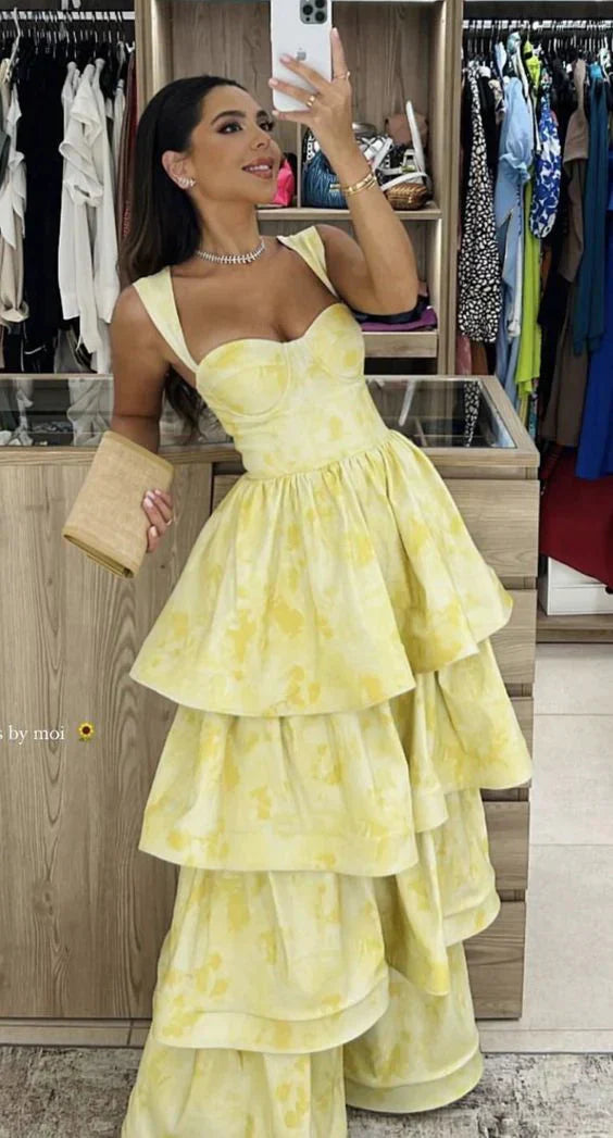 Light Yellow Ruffle Tiered A-Line Long Prom Dresses Prom Gowns Prom Gowns