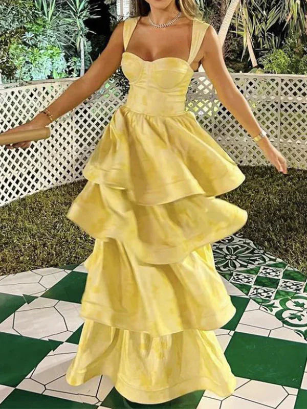 Light Yellow Ruffle Tiered A-Line Long Prom Dresses Prom Gowns Prom Gowns