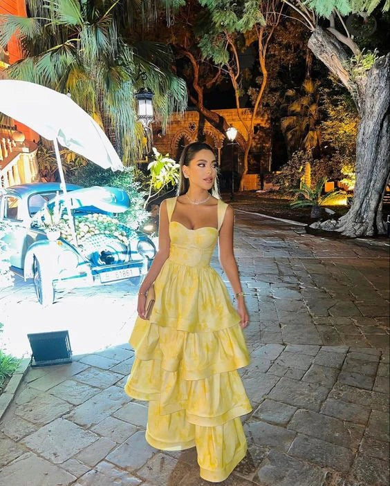 Light Yellow Ruffle Tiered A-Line Long Prom Dresses Prom Gowns Prom Gowns