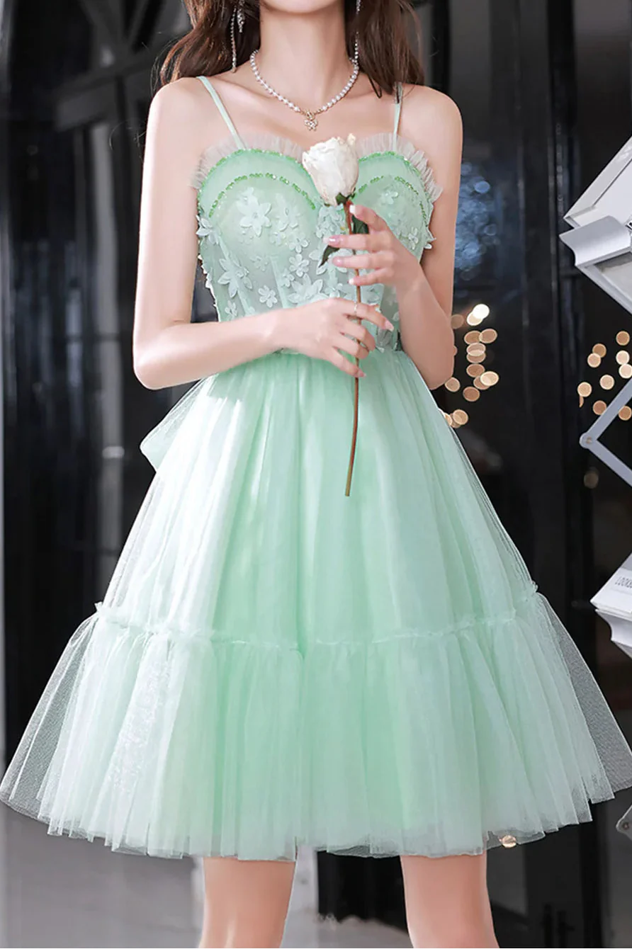 Pretty Homecoming Dress Spaghetti Straps Tulle Lace Bowknot Short Prom Dress Back to School Outfits Party Dress  D6096