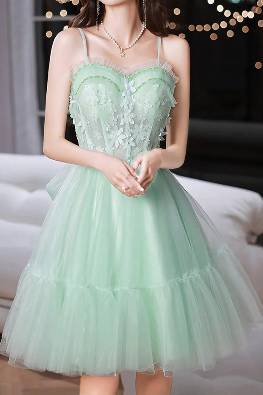 Pretty Homecoming Dress Spaghetti Straps Tulle Lace Bowknot Short Prom Dress Back to School Outfits Party Dress  D6096