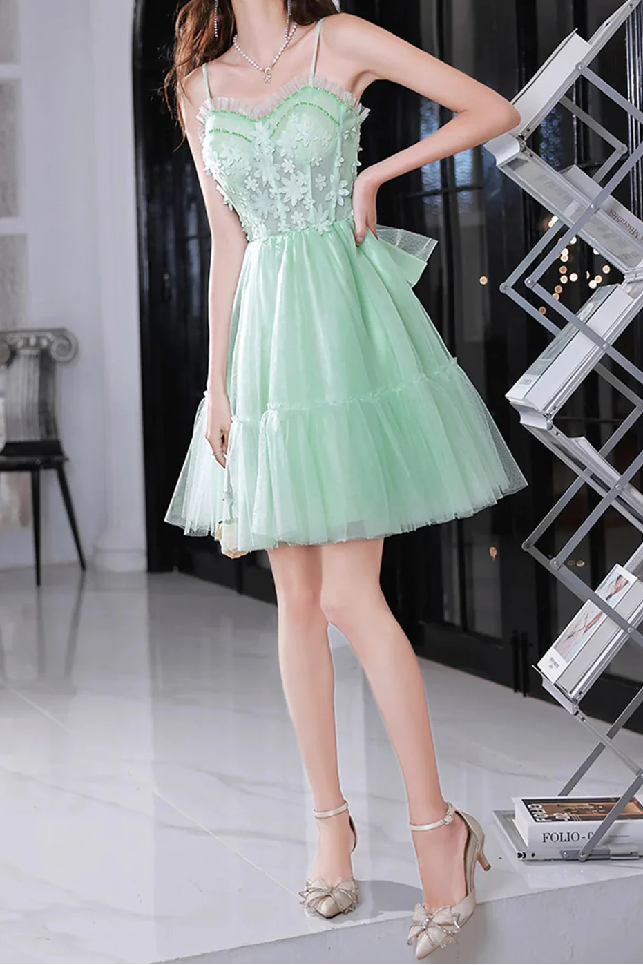 Pretty Homecoming Dress Spaghetti Straps Tulle Lace Bowknot Short Prom Dress Back to School Outfits Party Dress  D6096