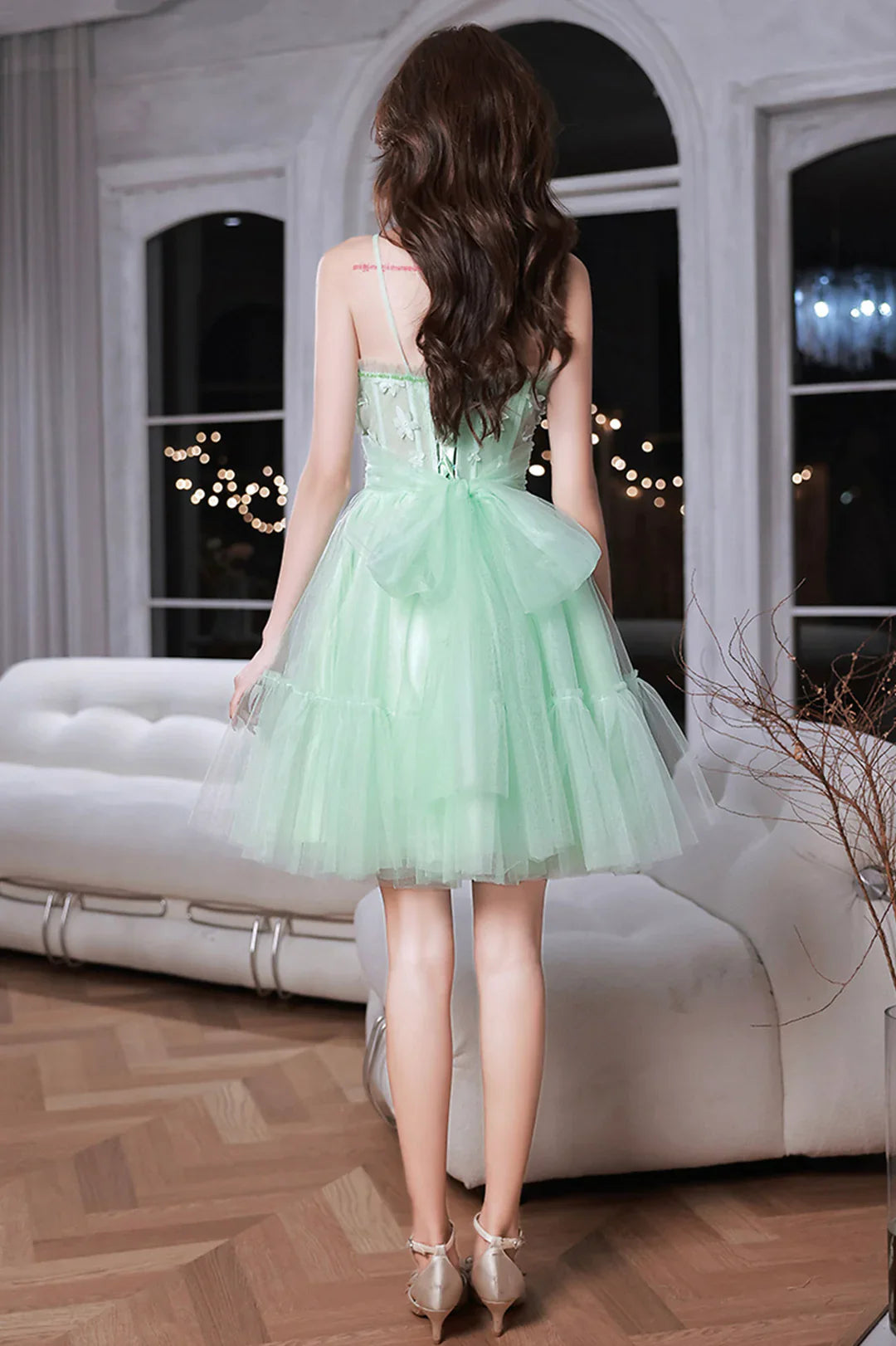 Pretty Homecoming Dress Spaghetti Straps Tulle Lace Bowknot Short Prom Dress Back to School Outfits Party Dress  D6096