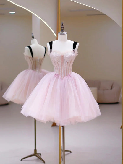 Cute Homecoming Dress Spaghetti Straps Tulle Sequins Short Prom Dress Back to School Outfits Party Dress  D6091