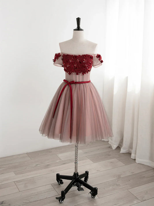 New Homecoming Dress Off the Shoulder Tulle Applique Bowknot Prom Dress Back to School Outfits Party Dress  D6113