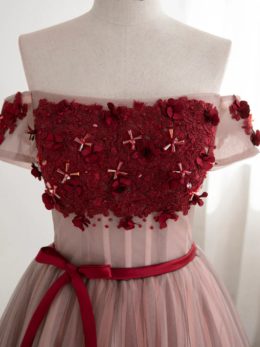 New Homecoming Dress Off the Shoulder Tulle Applique Bowknot Prom Dress Back to School Outfits Party Dress  D6113