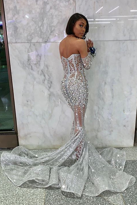Long Sleeve Off The Shoulder Silver Black Girl Prom Dresses Mermaid Sexy Illusion Beads Crystals Prom Gown Cheap
