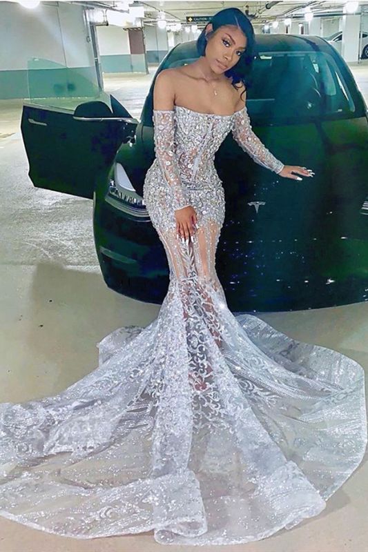 Long Sleeve Off The Shoulder Silver Black Girl Prom Dresses Mermaid Sexy Illusion Beads Crystals Prom Gown Cheap