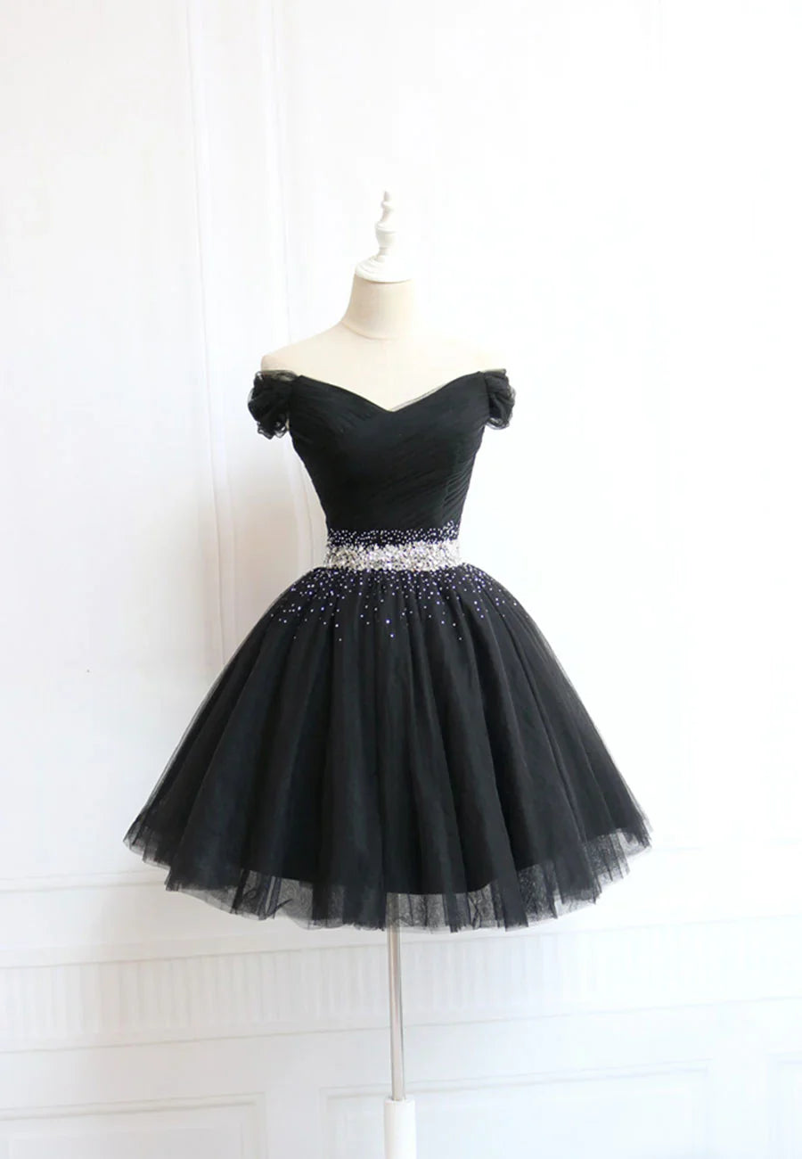 Elegant Homecoming Dress Off the Shoulder Tulle Rinestone Short Prom Dress Back to School Outfits Party Dress  D6098