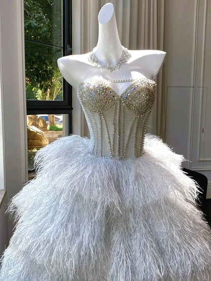 Luxurious White Strapless Feather Floor-Length Ball Gown Wedding Dresses