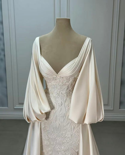 Luxury Wedding Dresses, Ivory Satin Lace A-Line Bridal Gown