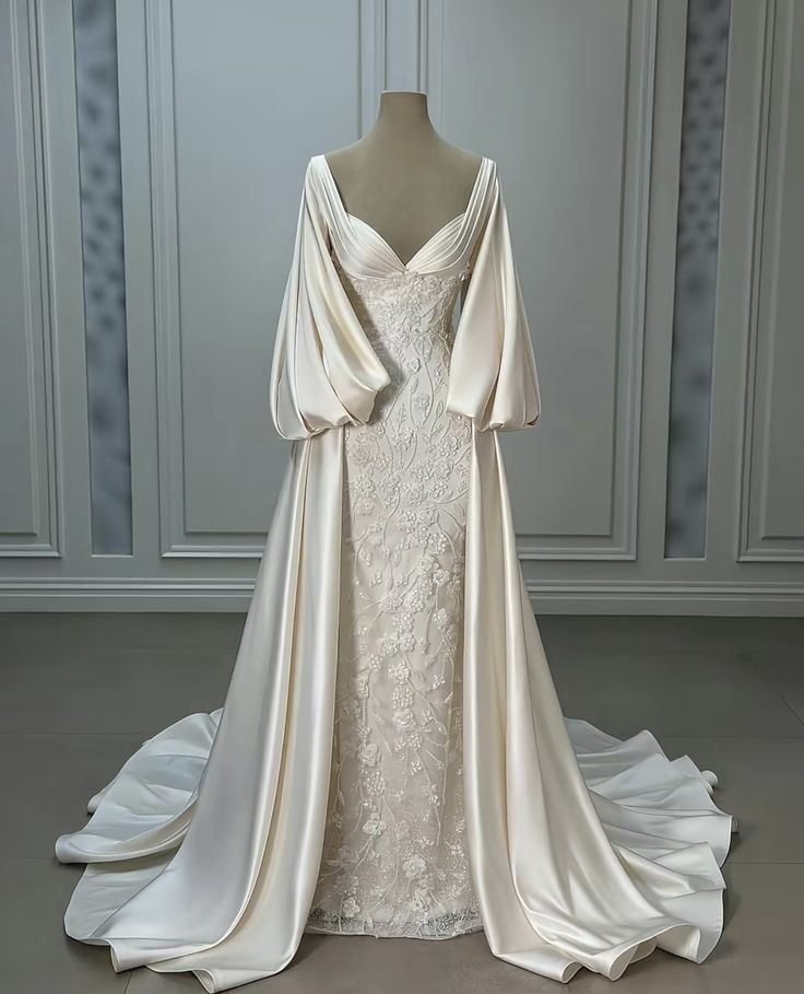 Luxury Wedding Dresses, Ivory Satin Lace A-Line Bridal Gown