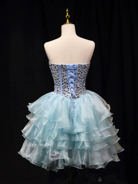 New Homecoming Dress Strapless Tulle Crystal Short Prom Dress Back to School Outfits Party Dress  D6085