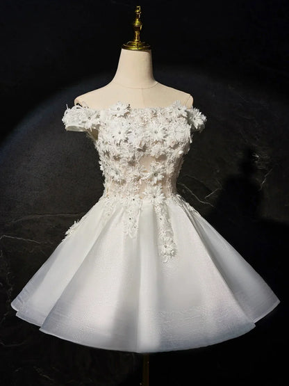 Chic Homecoming Dress Off the Shoulder Lace Flower Short Prom Dress Back to School Outfits Party Dress  D6087