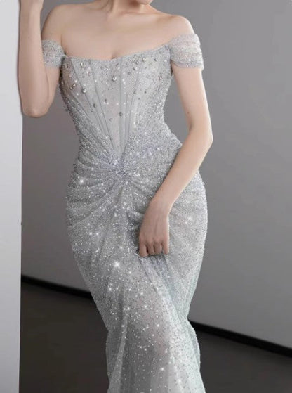 Mermaid Gownse??? Off The Shoulder Tulle Sequins Long Prom Dresses For Prom Events &Quinceanera
