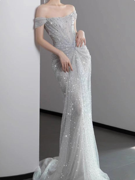 Mermaid Gownse??? Off The Shoulder Tulle Sequins Long Prom Dresses For Prom Events &Quinceanera