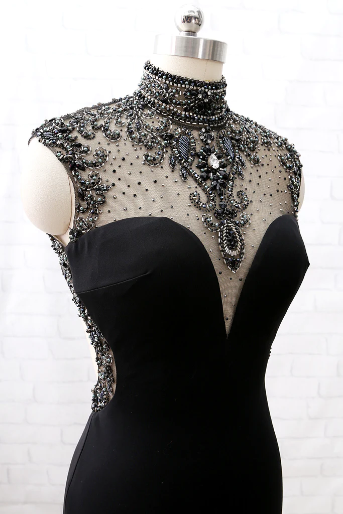 Mermaid High Neck Beaded Jersey Black Prom Gowns With Slit
