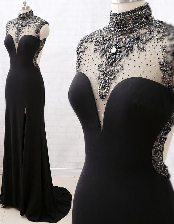 Mermaid High Neck Beaded Jersey Black Prom Gowns With Slit