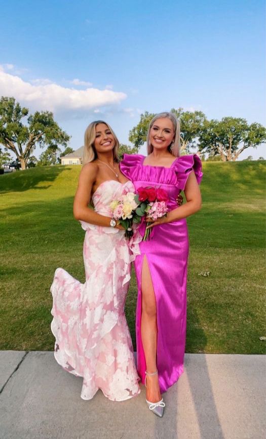 Pink Fashion Elegant Off-Shoulder Printed Floral Mermaid Slim Fit Long Ruffled Ball Gowns Prom Dress