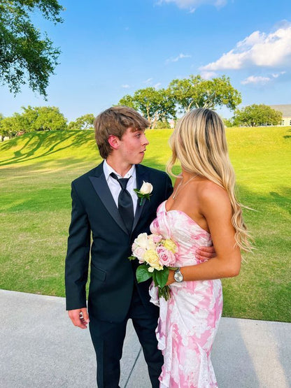 Pink Fashion Elegant Off-Shoulder Printed Floral Mermaid Slim Fit Long Ruffled Ball Gowns Prom Dress