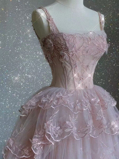 Modest Ball Gowns Straps Pink Tulle Prom Dresses 22Th Birthday Outfit