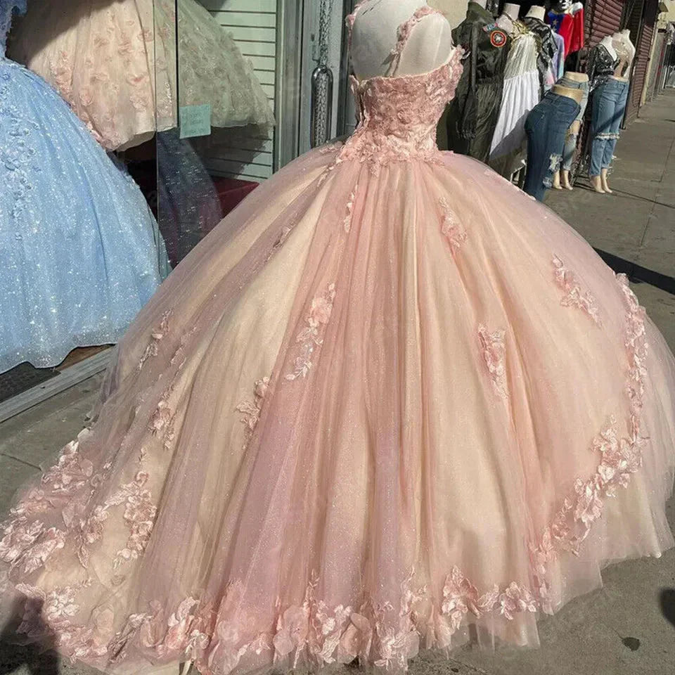 Pink/Purple/Green Sweet Lace Applique Long Tulle Quinceanera Dress Ball Gowns Prom Dresses