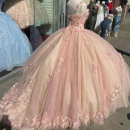 Pink/Purple/Green Sweet Lace Applique Long Tulle Quinceanera Dress Ball Gowns Prom Dresses