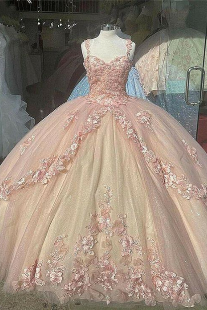 Pink/Purple/Green Sweet Lace Applique Long Tulle Quinceanera Dress Ball Gowns Prom Dresses