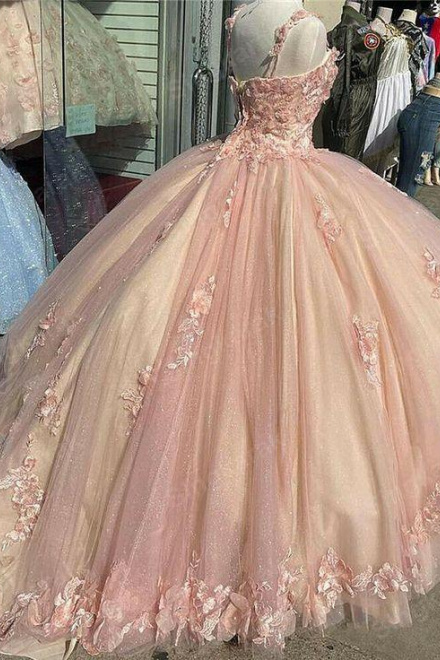 Pink/Purple/Green Sweet Lace Applique Long Tulle Quinceanera Dress Ball Gowns Prom Dresses