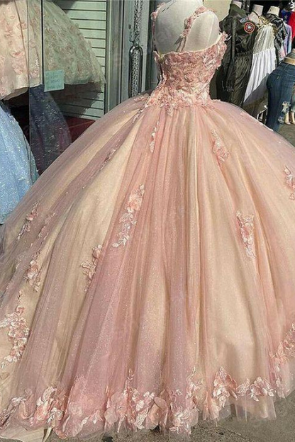 Pink/Purple/Green Sweet Lace Applique Long Tulle Quinceanera Dress Ball Gowns Prom Dresses