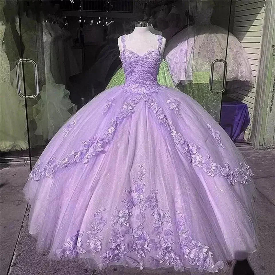 Pink/Purple/Green Sweet Lace Applique Long Tulle Quinceanera Dress Ball Gowns Prom Dresses