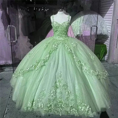 Pink/Purple/Green Sweet Lace Applique Long Tulle Quinceanera Dress Ball Gowns Prom Dresses