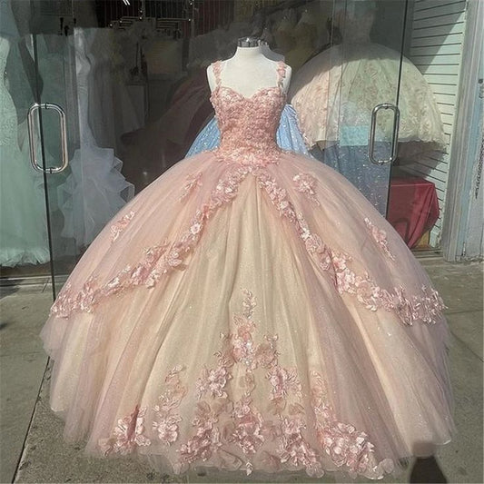Pink/Purple/Green Sweet Lace Applique Long Tulle Quinceanera Dress Ball Gowns Prom Dresses