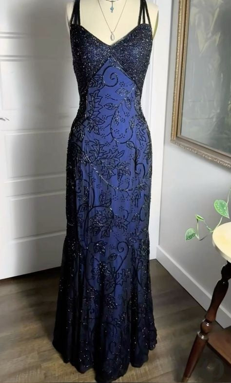 Navy Blue Shiny Elegant Exquisite Beaded Applique Straps Long Tulle Sequins Ball Gowns Prom Dress