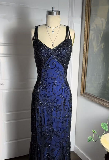 Navy Blue Shiny Elegant Exquisite Beaded Applique Straps Long Tulle Sequins Ball Gowns Prom Dress