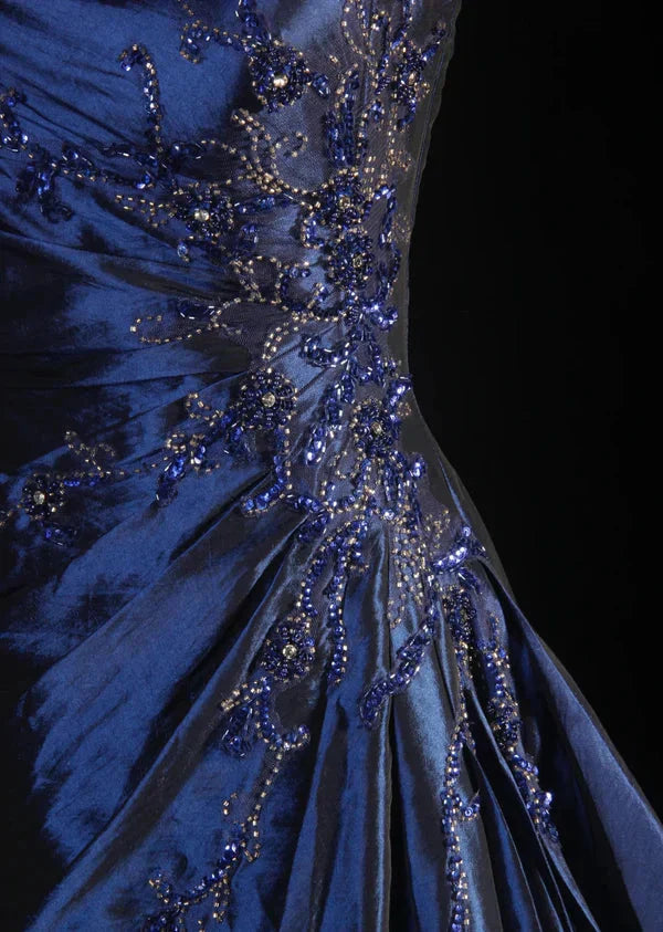 Navy Blue Vintage Elegant Fashion Ball Gowns Off Shoulder Long Satin Prom Dress Prom Dress