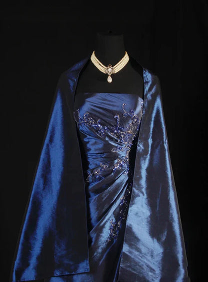Navy Blue Vintage Elegant Fashion Ball Gowns Off Shoulder Long Satin Prom Dress Prom Dress