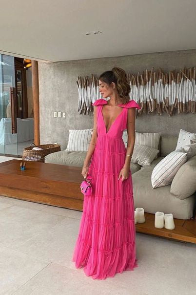 New Hot Pink Backless Long Prom Dresses V Neck Prom Gowns