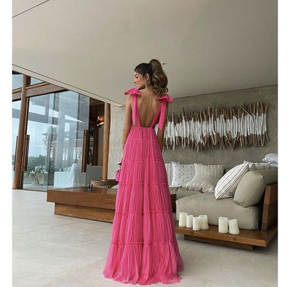 New Hot Pink Backless Long Prom Dresses V Neck Prom Gowns
