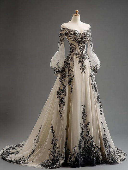 NiceVestidos-Black-White Paneled Lace Tulle Off-Shoulder Lantern-Sleeve Floor-Length Gothic Gowns