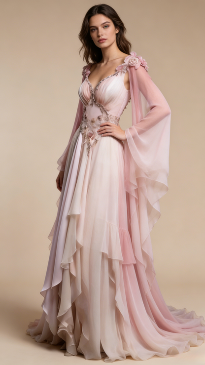 Retro Ombre Pink A-Line Chiffon Long Formal Prom Dress Evening Gown, D994