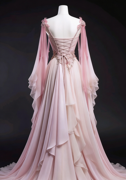 Retro Ombre Pink A-Line Chiffon Long Formal Prom Dress Evening Gown, D994