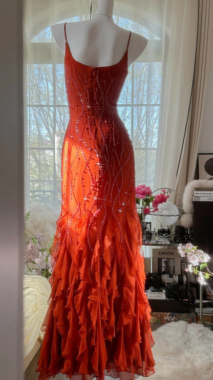 Orange Beautiful Charming Fashion Elegant Shiny Exquisite Beaded Long Chiffon Ball Gowns Prom Gowns Birthday Prom Gowns Prom Gowns Graduation Gowns