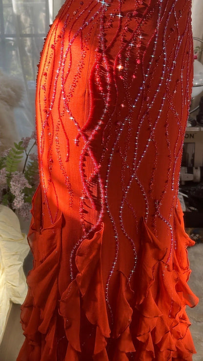 Orange Beautiful Charming Fashion Elegant Shiny Exquisite Beaded Long Chiffon Ball Gowns Prom Gowns Birthday Prom Gowns Prom Gowns Graduation Gowns