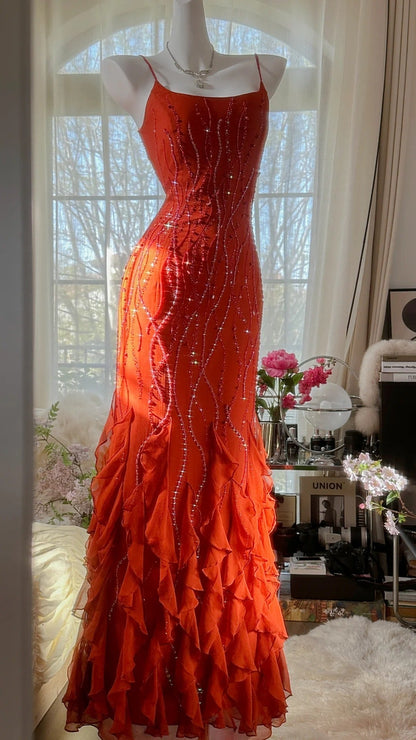 Orange Beautiful Charming Fashion Elegant Shiny Exquisite Beaded Long Chiffon Ball Gowns Prom Gowns Birthday Prom Gowns Prom Gowns Graduation Gowns