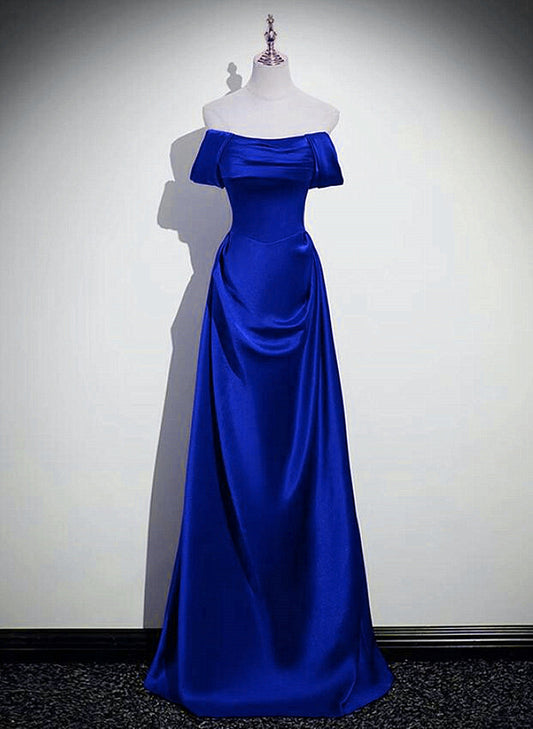 Royal Blue Satin A-line Simple Long Party Dress, Royal Blue Satin Floor Length Prom Dress