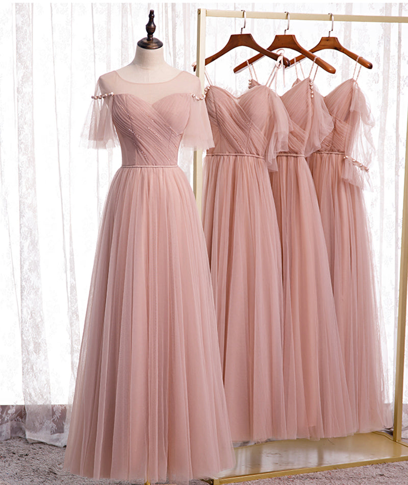 Pink Elegant A-Line Tulle Long Ball Gowns Prom Gowns Bridesmaid Dresses
